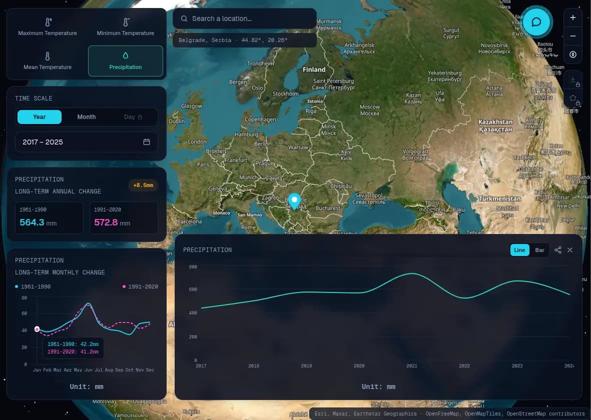 Pick any spot on the map and get its full meteo history in seconds
